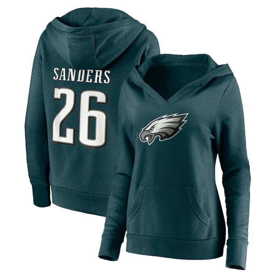 Women Philadelphia Eagles #26 Miles Sanders Fanatics Branded Green Player Icon Name & Number Pullover Hoodie